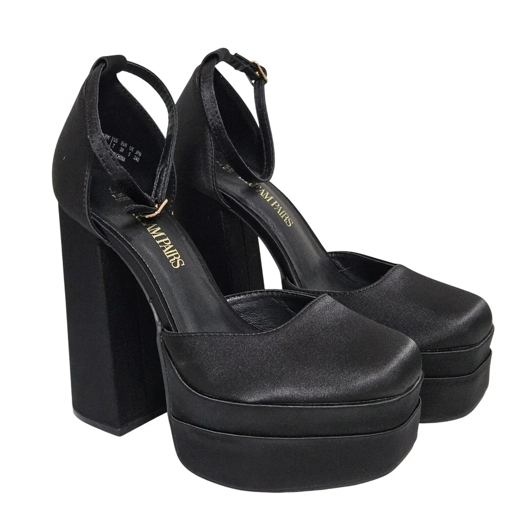 Gothic‎ Dream Pairs Platform Square Toe Block Heel Pumps Womens 7 Black Satin